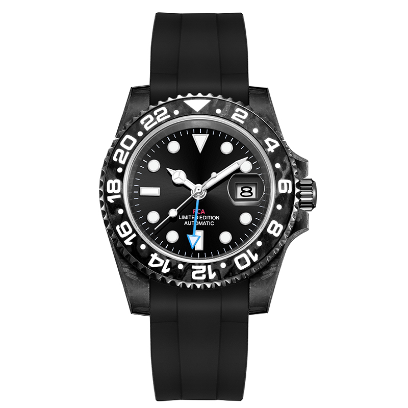 Black Carbon Fiber Custom Logo Automatic GMT Watch