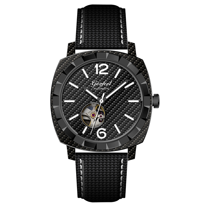 Custom Logo Skeleton Design Automatic Carbon Fiber Watch