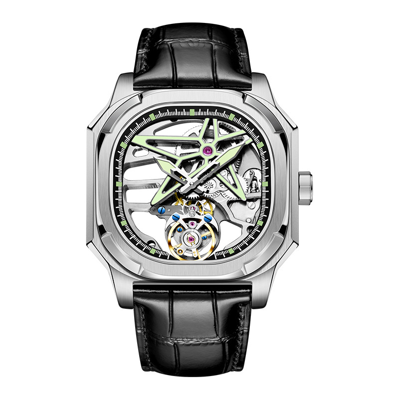 Hollow Out Skeleton Automatic Mechanical Watch Leather Strap Square Tourbillon Watch