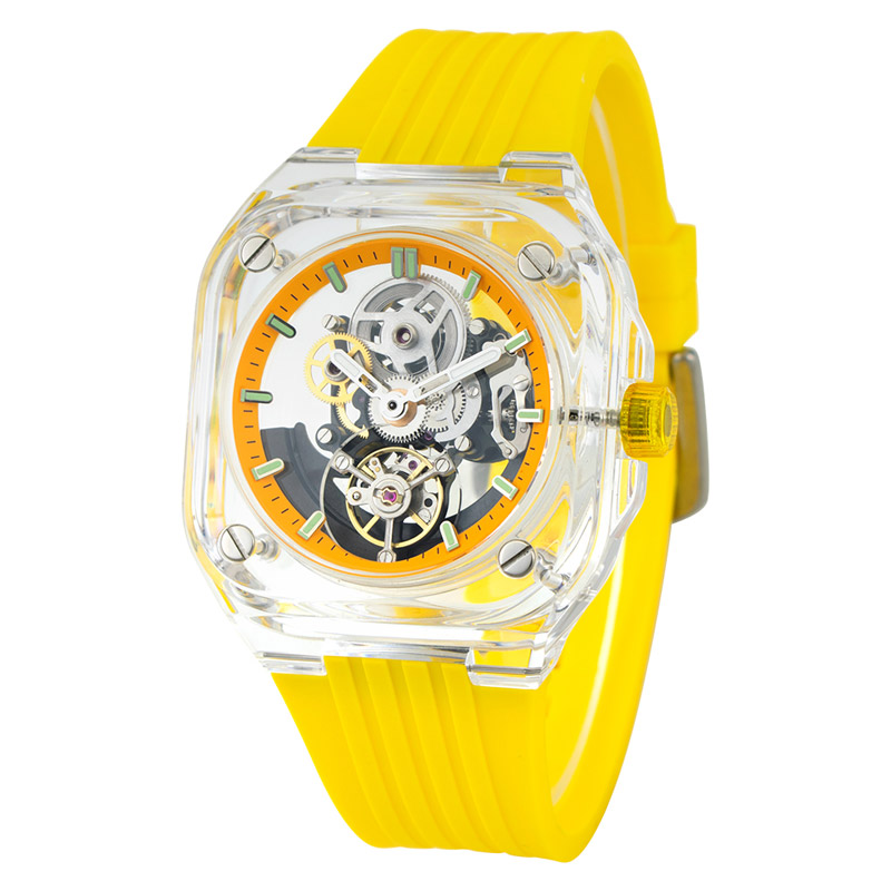 Silicone Strap Square Plastic Watches Transparent Hollow Out Skeleton Automatic Mechanical Watch