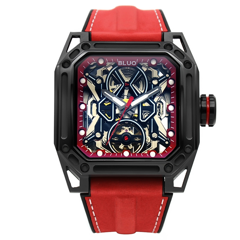 Square Stainless Steel Hollow Out Skeleton Watches Luxury Luminous Automatic Mechanical Wacth for Man
