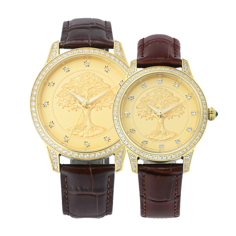 3D Dial Design Pair Couple Jade Watch for Men and Women Leather Strap Luxury Gold Automatic Mechanical Watches