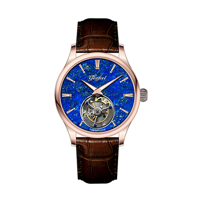 High Quality Men's Mechanical Watch Blue Sandstone Dial Original Tourbillon Movement Luxury Genuine Leather Band Hollow Feature